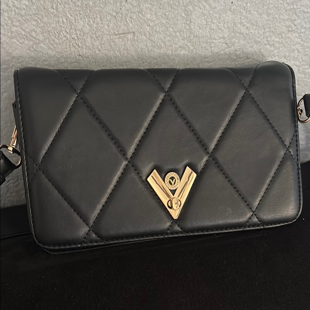 Valentino Orlandi Black Quilted Clutch with Gold Hardware